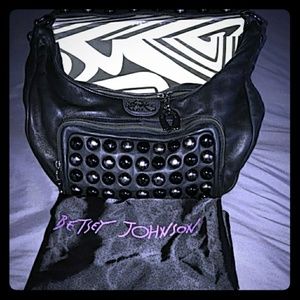 Betsy Johnson black leather studded hobo handbag